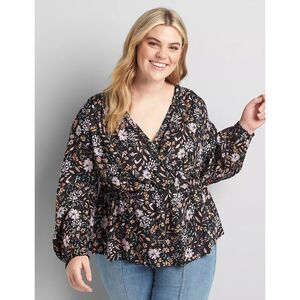 Lane Bryant Ruffle Surplice Peplum Blouse 22/24 Pink Floral Bloomcore Romantic